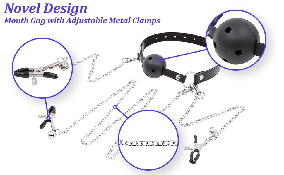 Silicone Round Ball Gag with Nipple Clamps, Adult BDSM Role Play Accessory, Mouth Gag for Women and Men, Approx. 150g, Bondage Gear & Accessories, Sexual Wellness Adult Sex Toy