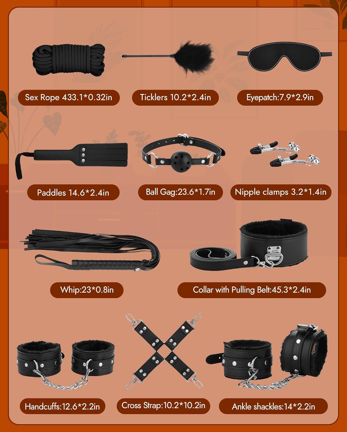 [Astante Living]11pcs Pack Bondage Restraints BDSM Adult Sex Toys PU Leather Fetish Set Role Play Bed Game Handcuffs Mouth Ball Gag Foreplay Gift for Women Men Couples