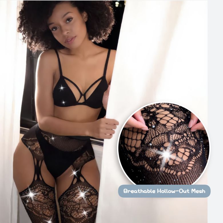 [Astante Living]European and American popular open crotch lace transparent sling fishnet stockings black silk sexy fishnet stockings non-slip one-piece garter belt female Black Women Plus Size Thigh