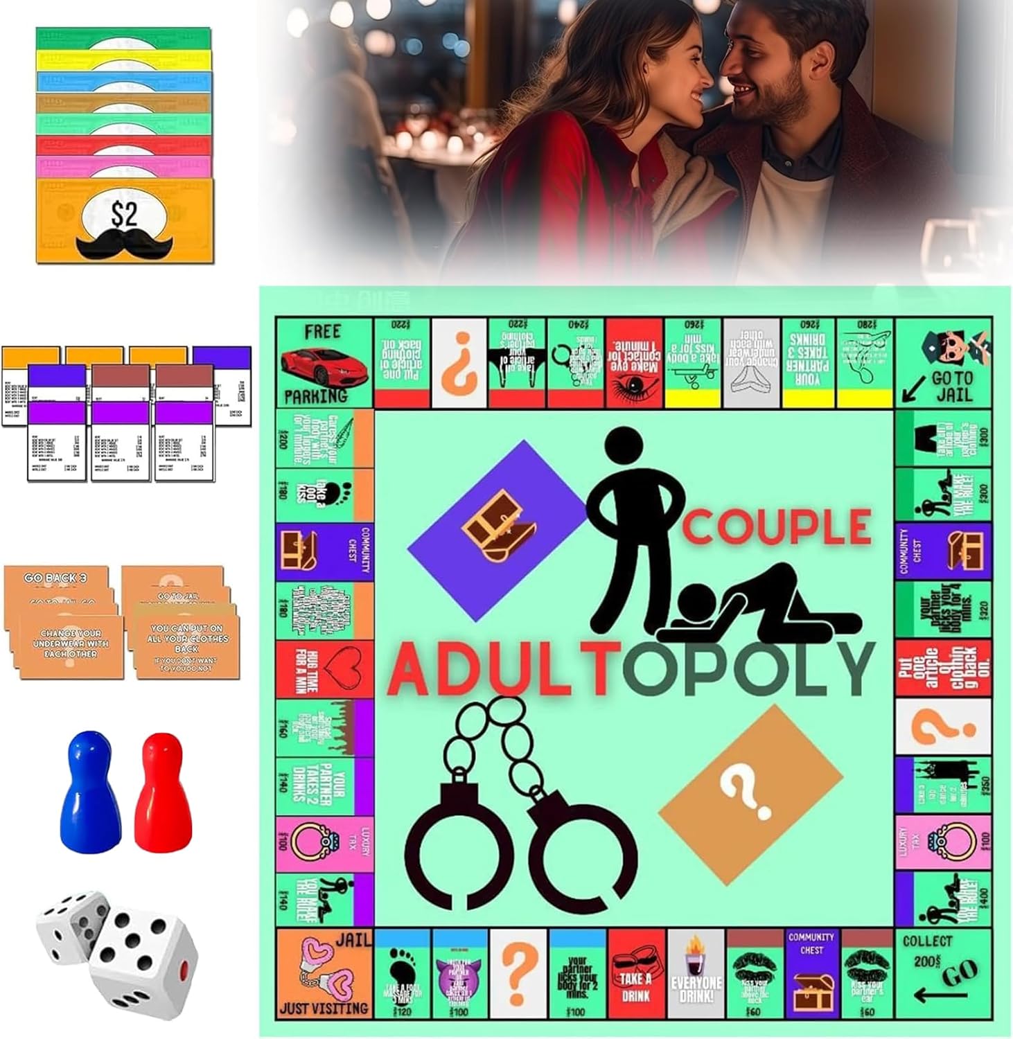 Adult Couples Sex Board Game Set, 50 x 50 cm Board with Dice and Playing Pieces, Roll-and-Move Sexual Position Challenge Game for Couples, Newlyweds, Date Night, Parties and Intimacy Play