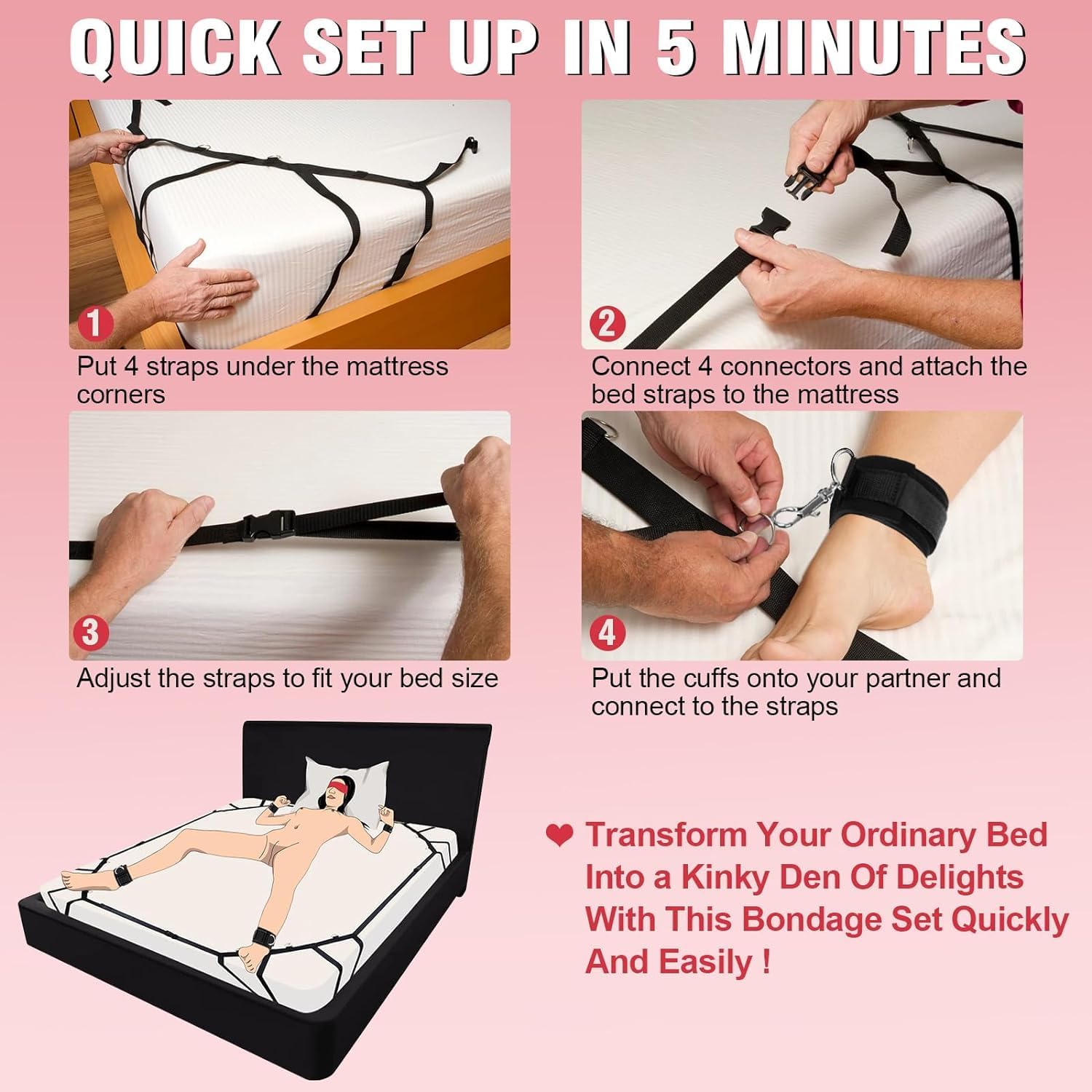 [Astante Living] BDSM Bed Restraints Sex Game Bondage Kits Couple SM Fetish Gear Adult Toy with Adjustable Hands Ankle Wrist Cuffs Tickler Soft Strap Sex Toys for Women Couples