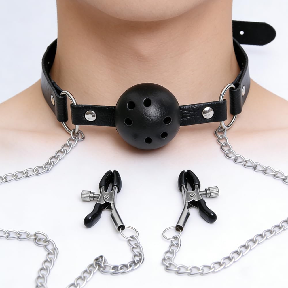 Silicone Round Ball Gag with Nipple Clamps, Adult BDSM Role Play Accessory, Mouth Gag for Women and Men, Approx. 150g, Bondage Gear & Accessories, Sexual Wellness Adult Sex Toy