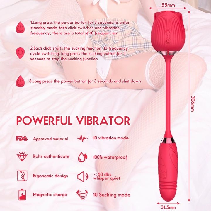 Rose Tongue-Licking Suction Vibrator, Retractable Rose-Shaped Electric Sex Toy with Upper Clitoral Suction and Lower Vibration, Nipple and Anal Stimulator, Red Gift for Women and Couples