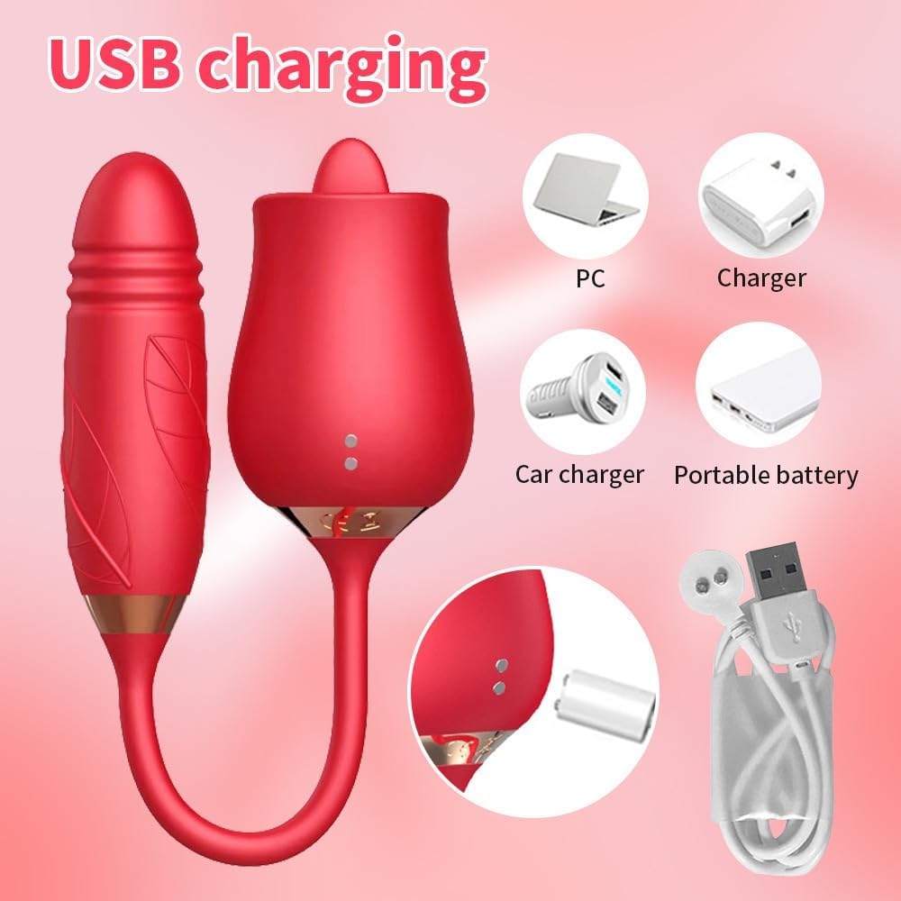 Rose Toy Vibrator Thrusting G Spot Dildo Clitoral Licking Stimulator Anal Plug Oral Tongue Adult Teasing Sex Toys for Women Couple Masturbation Female and Couples