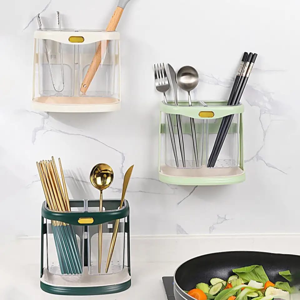 Double Grid Wall-Mounted Cutlery Organizer – Transparent PP Utensil Holder with Drain Holes & Removable Tray – Space-Saving, Easy-Clean Kitchen Storage Rack for Forks, Spoons & Knives