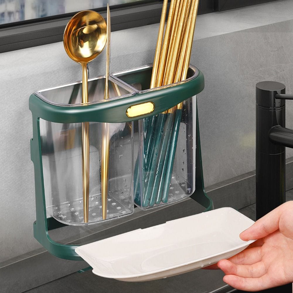 Double Grid Wall-Mounted Cutlery Organizer – Transparent PP Utensil Holder with Drain Holes & Removable Tray – Space-Saving, Easy-Clean Kitchen Storage Rack for Forks, Spoons & Knives