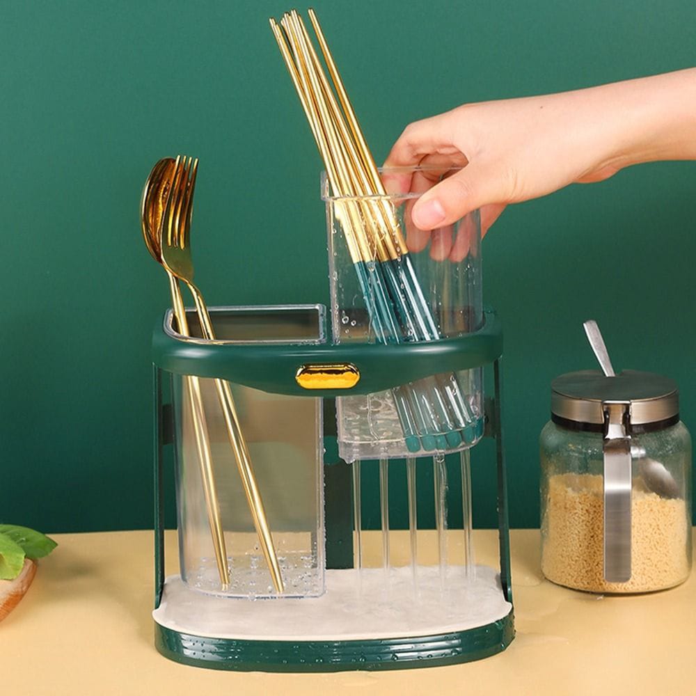 Double Grid Wall-Mounted Cutlery Organizer – Transparent PP Utensil Holder with Drain Holes & Removable Tray – Space-Saving, Easy-Clean Kitchen Storage Rack for Forks, Spoons & Knives