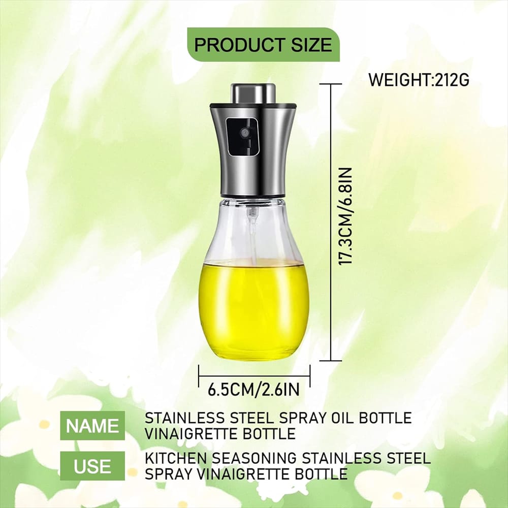 200ml Stainless Steel & Glass Oil Spray Bottle – Refillable Fine Mist Dispenser for Olive Oil, Vinegar, Soy Sauce – Ideal for Cooking, Baking, BBQ & Air Fryer Use