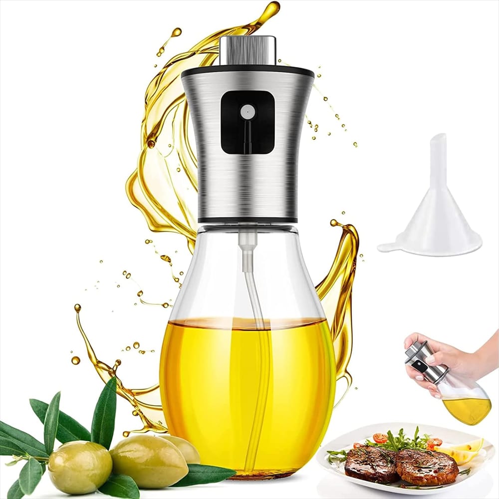 200ml Stainless Steel & Glass Oil Spray Bottle – Refillable Fine Mist Dispenser for Olive Oil, Vinegar, Soy Sauce – Ideal for Cooking, Baking, BBQ & Air Fryer Use
