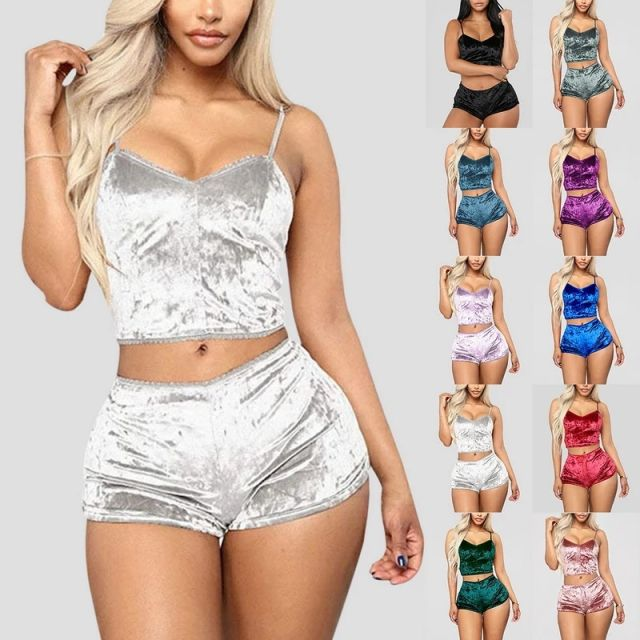 2 Pieces Pyjamas Women Solid Soft Sexy Nightwear Suit Velvet Lingerie Set Pleated Sleepwear Sets Strap Women Top+Loose Shorts
