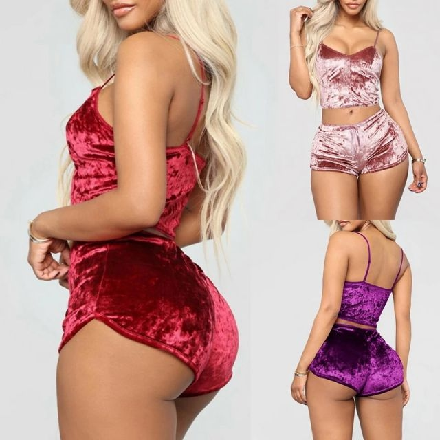 2 Pieces Pyjamas Women Solid Soft Sexy Nightwear Suit Velvet Lingerie Set Pleated Sleepwear Sets Strap Women Top+Loose Shorts