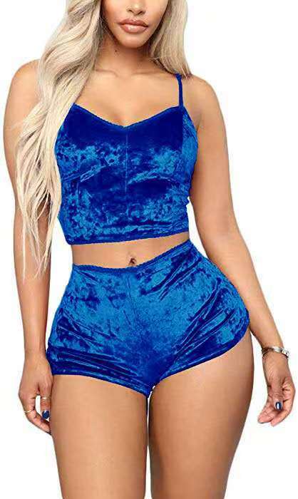 2 Pieces Pyjamas Women Solid Soft Sexy Nightwear Suit Velvet Lingerie Set Pleated Sleepwear Sets Strap Women Top+Loose Shorts