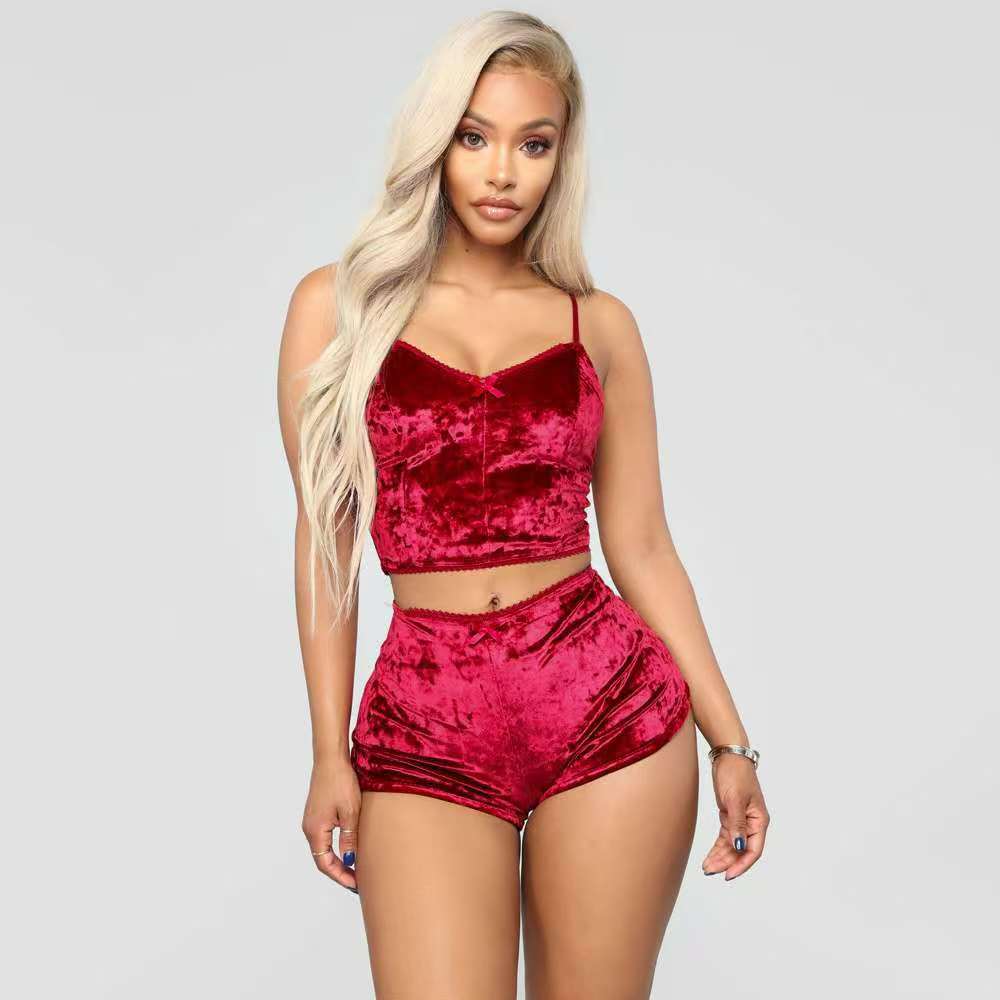 2 Pieces Pyjamas Women Solid Soft Sexy Nightwear Suit Velvet Lingerie Set Pleated Sleepwear Sets Strap Women Top+Loose Shorts