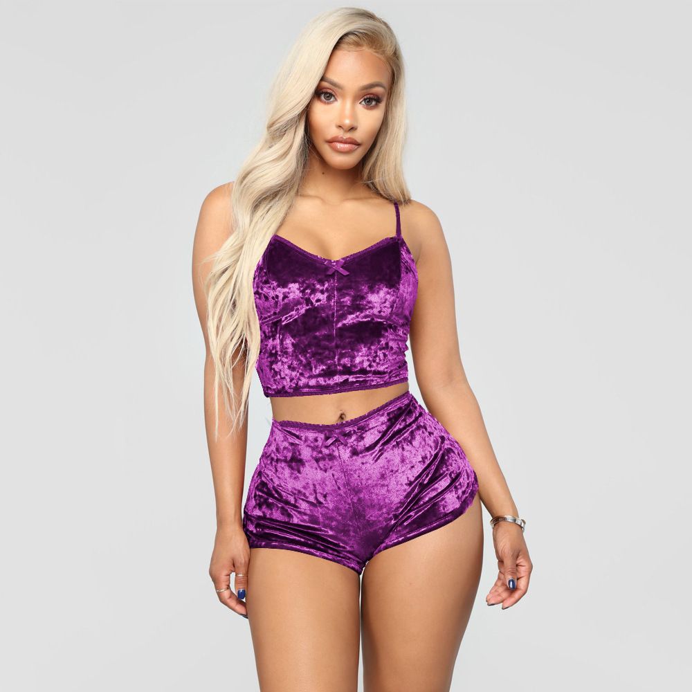 2 Pieces Pyjamas Women Solid Soft Sexy Nightwear Suit Velvet Lingerie Set Pleated Sleepwear Sets Strap Women Top+Loose Shorts