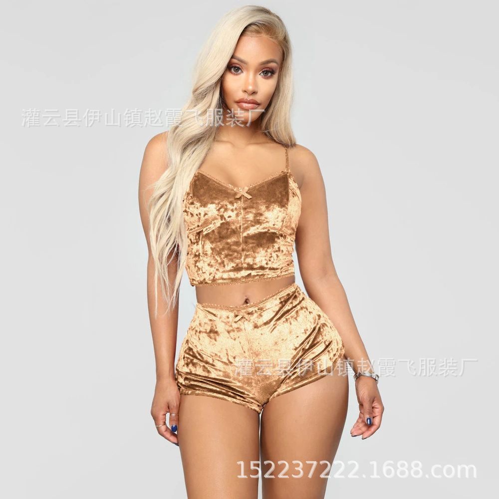 2 Pieces Pyjamas Women Solid Soft Sexy Nightwear Suit Velvet Lingerie Set Pleated Sleepwear Sets Strap Women Top+Loose Shorts