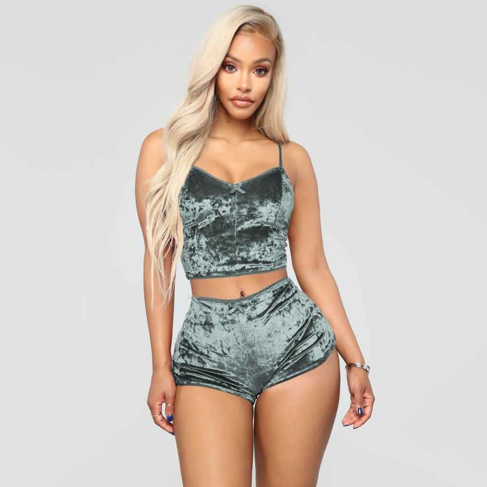 2 Pieces Pyjamas Women Solid Soft Sexy Nightwear Suit Velvet Lingerie Set Pleated Sleepwear Sets Strap Women Top+Loose Shorts