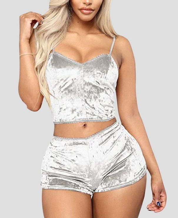 2 Pieces Pyjamas Women Solid Soft Sexy Nightwear Suit Velvet Lingerie Set Pleated Sleepwear Sets Strap Women Top+Loose Shorts