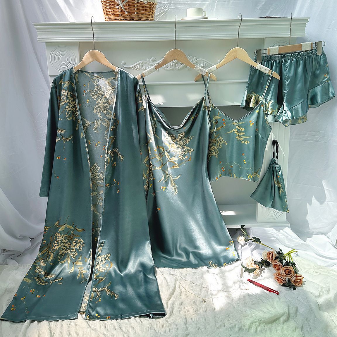Women's Long Bathrobe Set Silk Spring Autumn Floral Print Ladies Dressing Gown 4 Pieces Set Nightdress Summer Satin Pajama