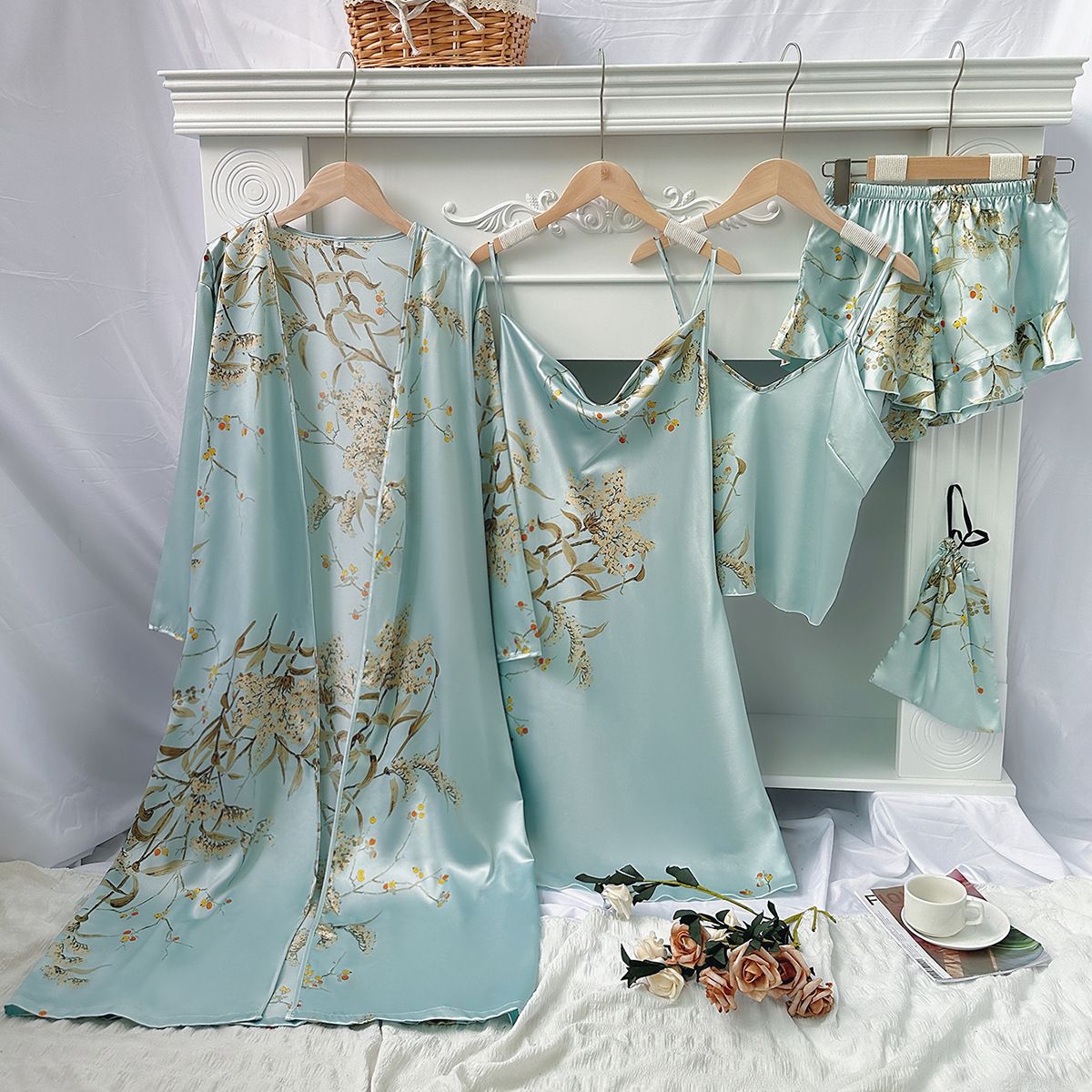 Women's Long Bathrobe Set Silk Spring Autumn Floral Print Ladies Dressing Gown 4 Pieces Set Nightdress Summer Satin Pajama