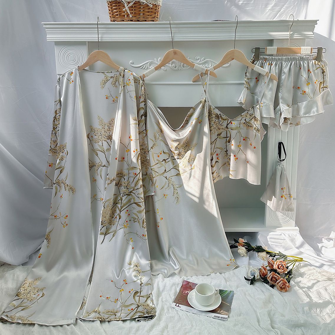 Women's Long Bathrobe Set Silk Spring Autumn Floral Print Ladies Dressing Gown 4 Pieces Set Nightdress Summer Satin Pajama