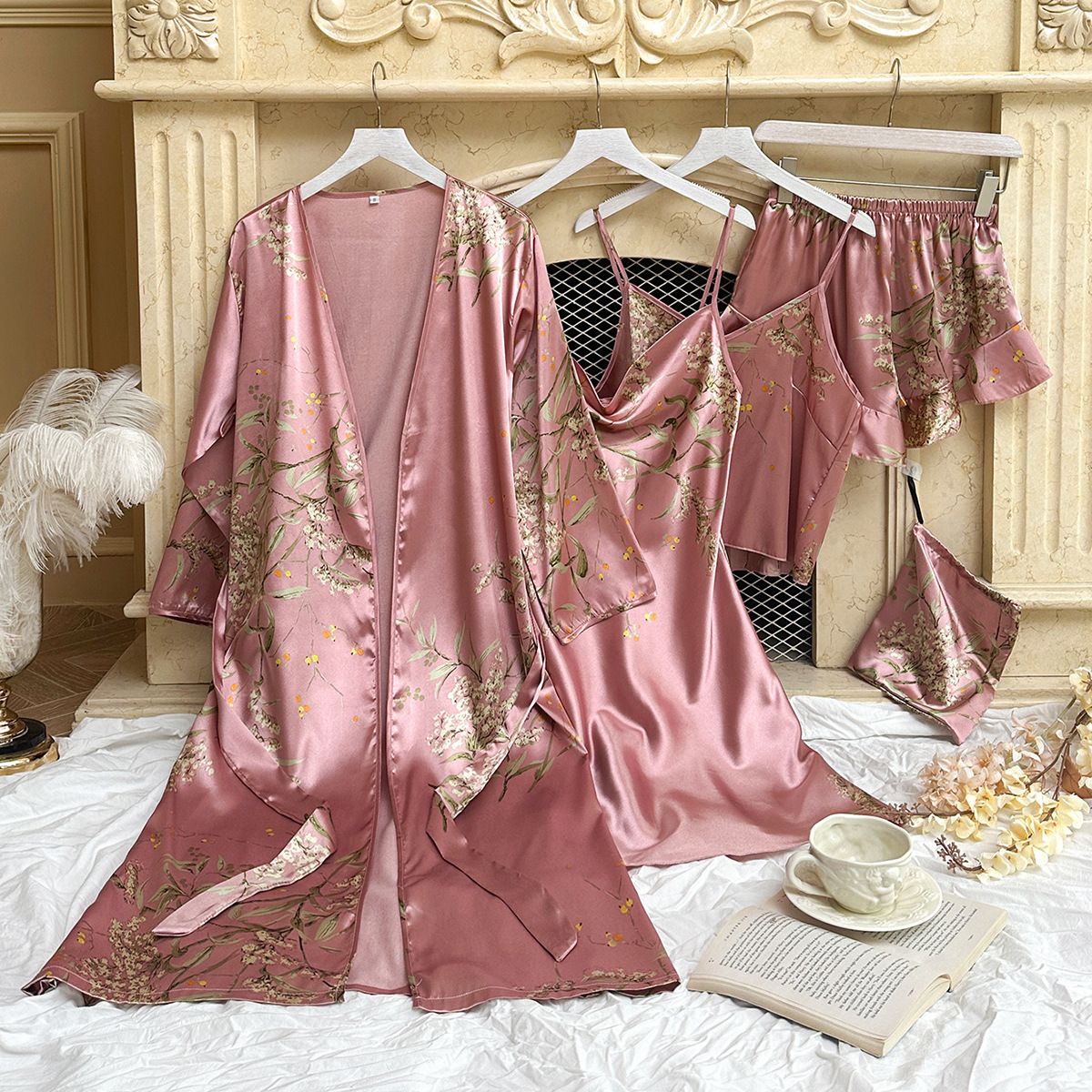 Women's Long Bathrobe Set Silk Spring Autumn Floral Print Ladies Dressing Gown 4 Pieces Set Nightdress Summer Satin Pajama