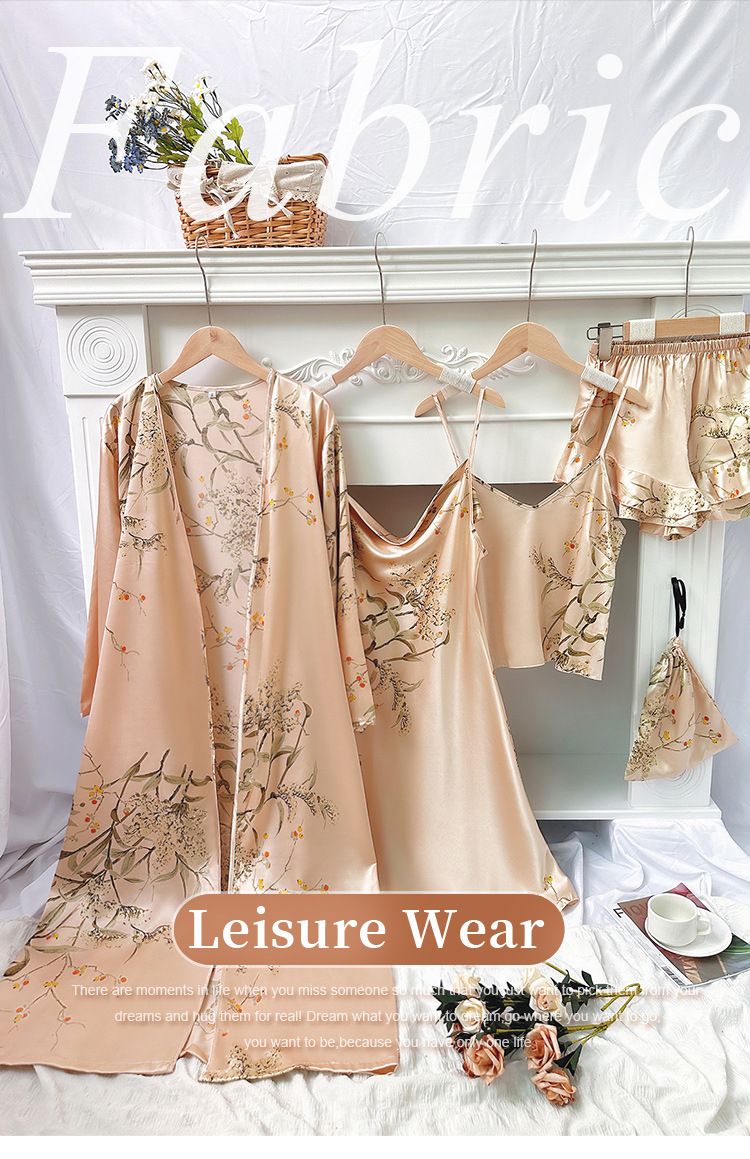 Women's Long Bathrobe Set Silk Spring Autumn Floral Print Ladies Dressing Gown 4 Pieces Set Nightdress Summer Satin Pajama