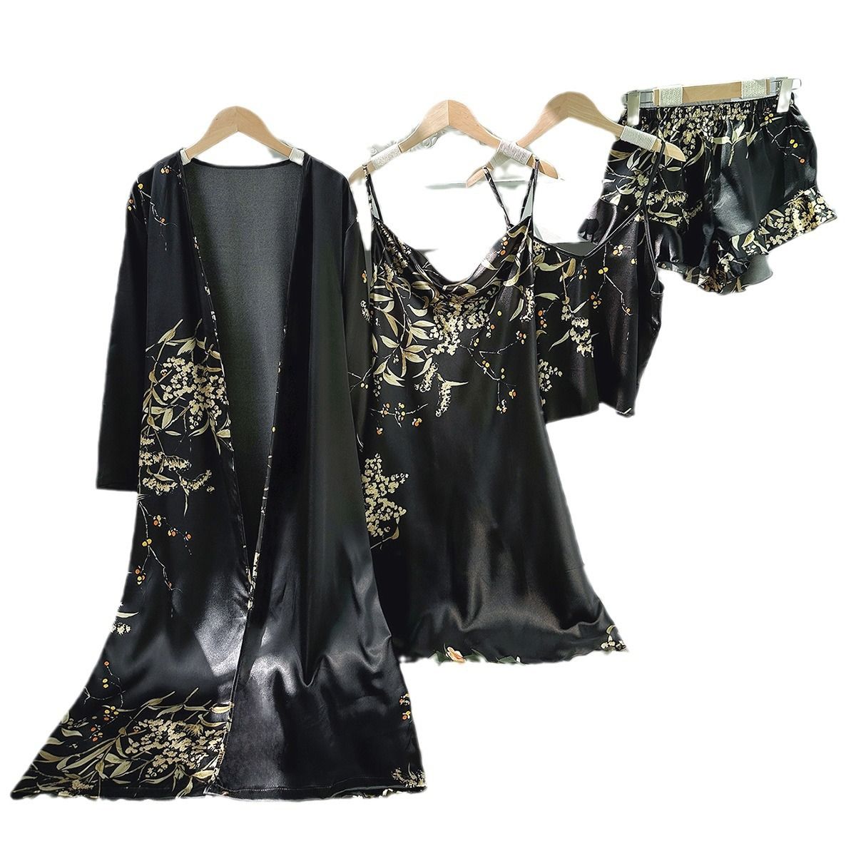 Women's Long Bathrobe Set Silk Spring Autumn Floral Print Ladies Dressing Gown 4 Pieces Set Nightdress Summer Satin Pajama