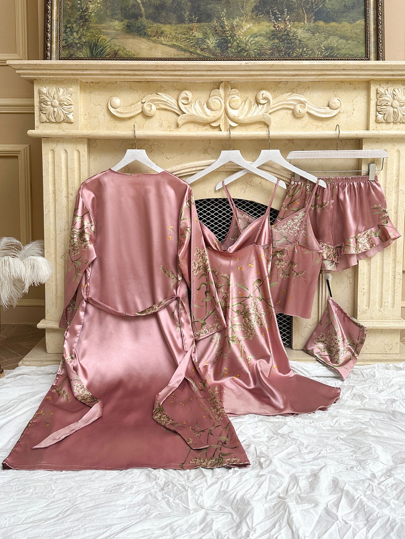 Women's Long Bathrobe Set Silk Spring Autumn Floral Print Ladies Dressing Gown 4 Pieces Set Nightdress Summer Satin Pajama