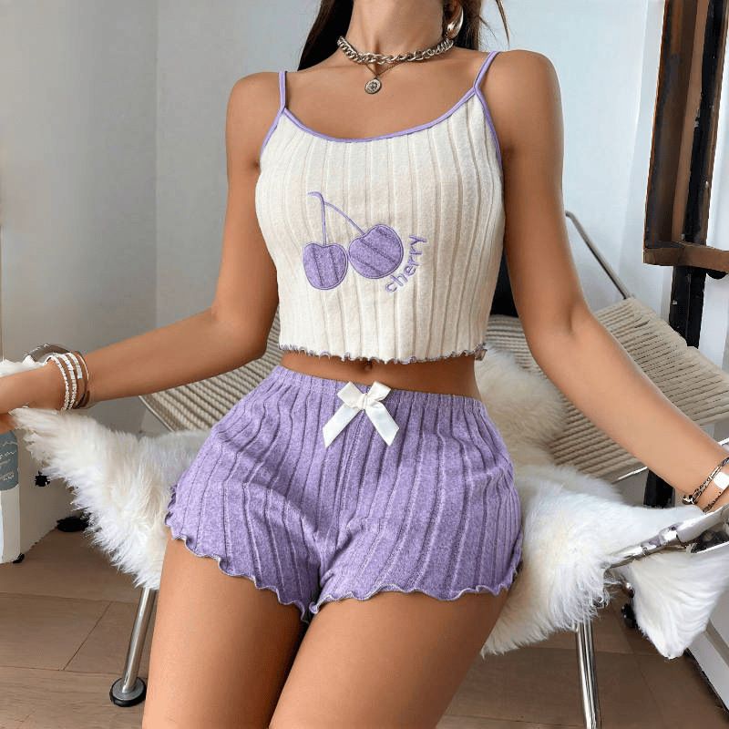 European and American style embroidered women's pajamas women's brushed camisole vest+shorts set home clothes women's pajamas