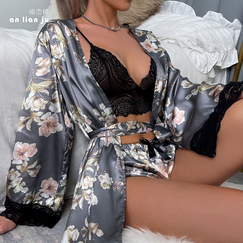 Ladies Pajamas Set Satin  Pajamas Silk 3 Pieces Pajamas Pajamas Lace Lace Sleep Casual Pajamas（Robe+Underwear+Pants）