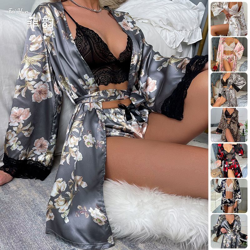 Ladies Pajamas Set Satin  Pajamas Silk 3 Pieces Pajamas Pajamas Lace Lace Sleep Casual Pajamas（Robe+Underwear+Pants）