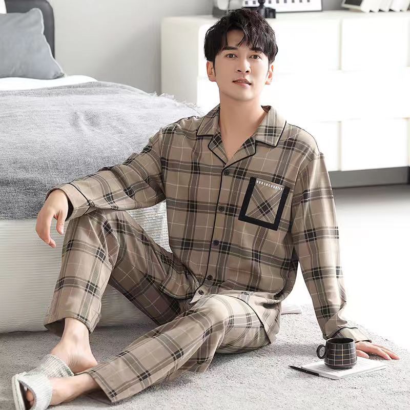 Men’S Thermal Pajamas Sets With Buttons Casual Long Sleeve Long Pants Housewear Suit Winter Autumn Checkered Pattern Sleepwear
