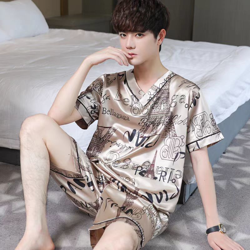 Pajama Sets Summer V-neck Short-sleeved Pijama Simple Casual Home Wear Large Size Sleepwear Two-piece Ice Silk Pajamas for Men