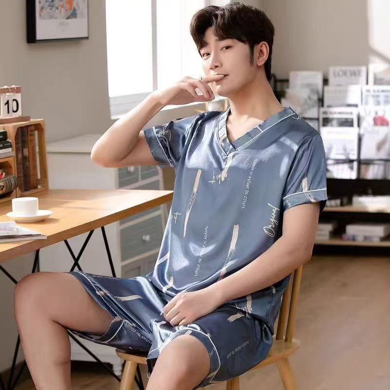 Pajama Sets Summer V-neck Short-sleeved Pijama Simple Casual Home Wear Large Size Sleepwear Two-piece Ice Silk Pajamas for Men
