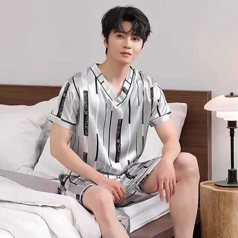 Pajama Sets Summer V-neck Short-sleeved Pijama Simple Casual Home Wear Large Size Sleepwear Two-piece Ice Silk Pajamas for Men