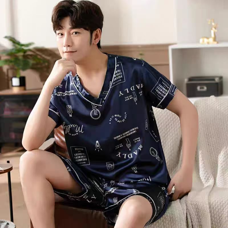 Pajama Sets Summer V-neck Short-sleeved Pijama Simple Casual Home Wear Large Size Sleepwear Two-piece Ice Silk Pajamas for Men