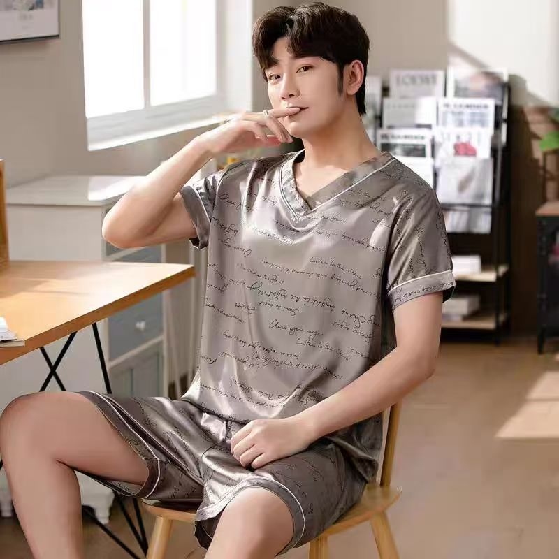 Pajama Sets Summer V-neck Short-sleeved Pijama Simple Casual Home Wear Large Size Sleepwear Two-piece Ice Silk Pajamas for Men
