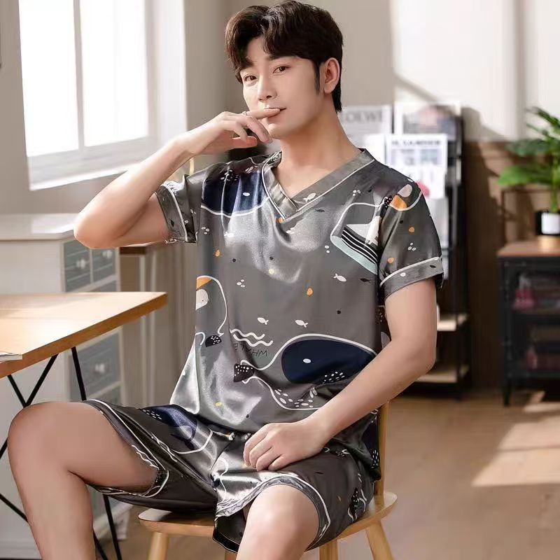 Pajama Sets Summer V-neck Short-sleeved Pijama Simple Casual Home Wear Large Size Sleepwear Two-piece Ice Silk Pajamas for Men