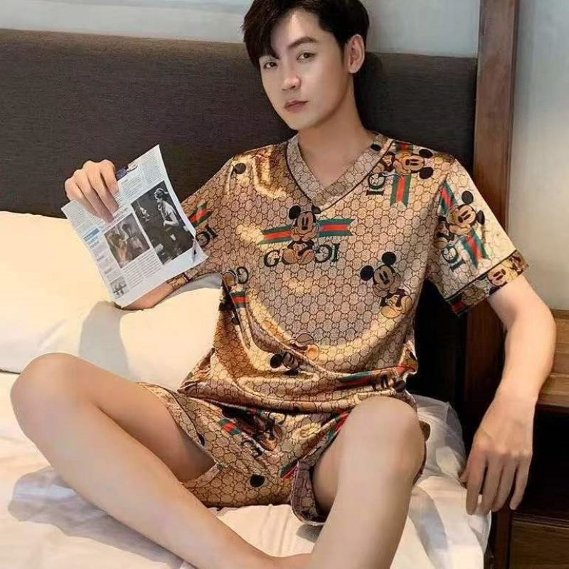 Pajama Sets Summer V-neck Short-sleeved Pijama Simple Casual Home Wear Large Size Sleepwear Two-piece Ice Silk Pajamas for Men