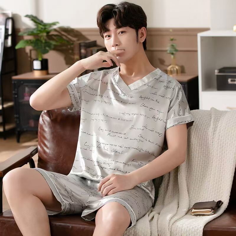Pajama Sets Summer V-neck Short-sleeved Pijama Simple Casual Home Wear Large Size Sleepwear Two-piece Ice Silk Pajamas for Men
