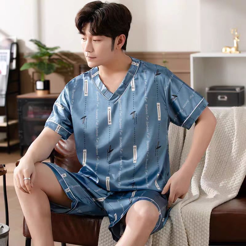 Pajama Sets Summer V-neck Short-sleeved Pijama Simple Casual Home Wear Large Size Sleepwear Two-piece Ice Silk Pajamas for Men