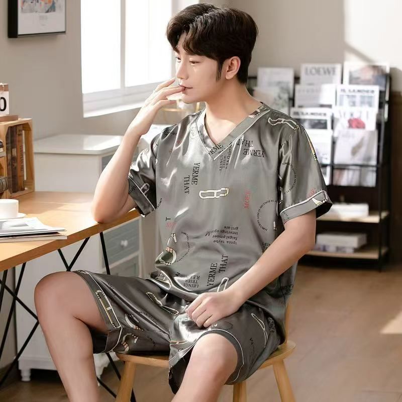 Pajama Sets Summer V-neck Short-sleeved Pijama Simple Casual Home Wear Large Size Sleepwear Two-piece Ice Silk Pajamas for Men