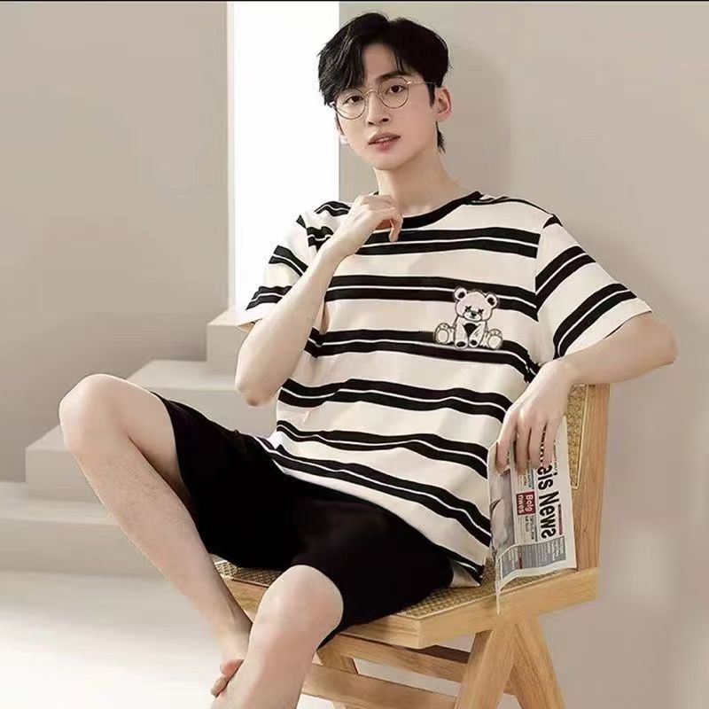 Men's Pajamas T-shirt Shorts Two Piece Set Casual Suit Male Loose Sleepwear Home Boy Clothes Nightwear