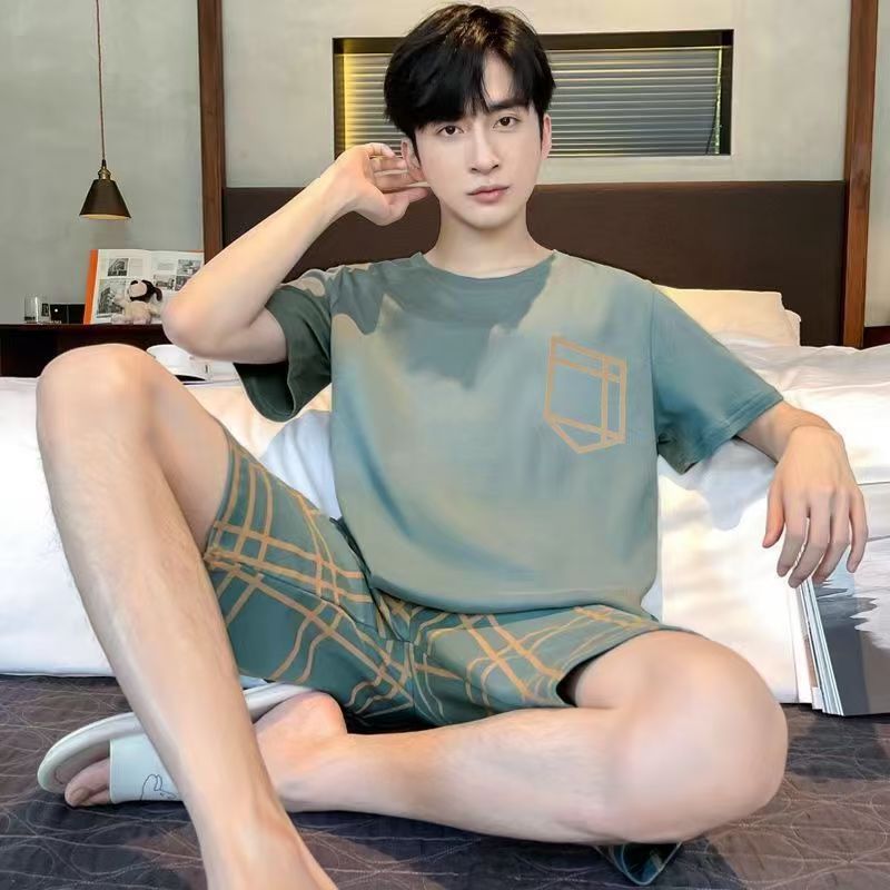 Men's Pajamas T-shirt Shorts Two Piece Set Casual Suit Male Loose Sleepwear Home Boy Clothes Nightwear