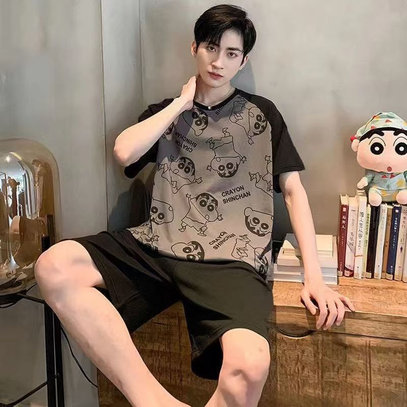 Men's Pajamas T-shirt Shorts Two Piece Set Casual Suit Male Loose Sleepwear Home Boy Clothes Nightwear