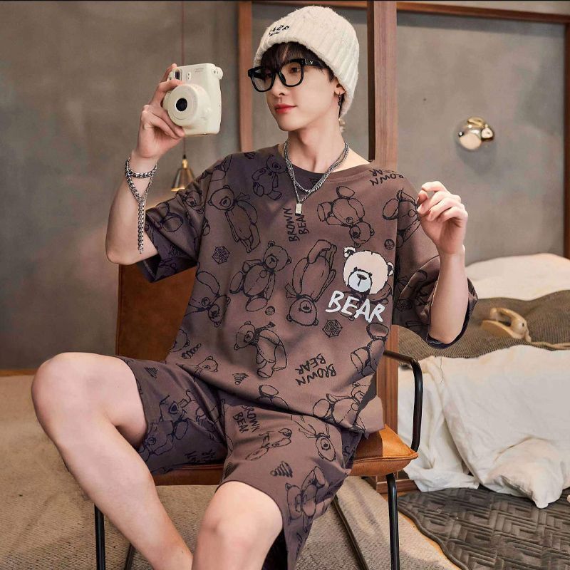 Men's Pajamas T-shirt Shorts Two Piece Set Casual Suit Male Loose Sleepwear Home Boy Clothes Nightwear