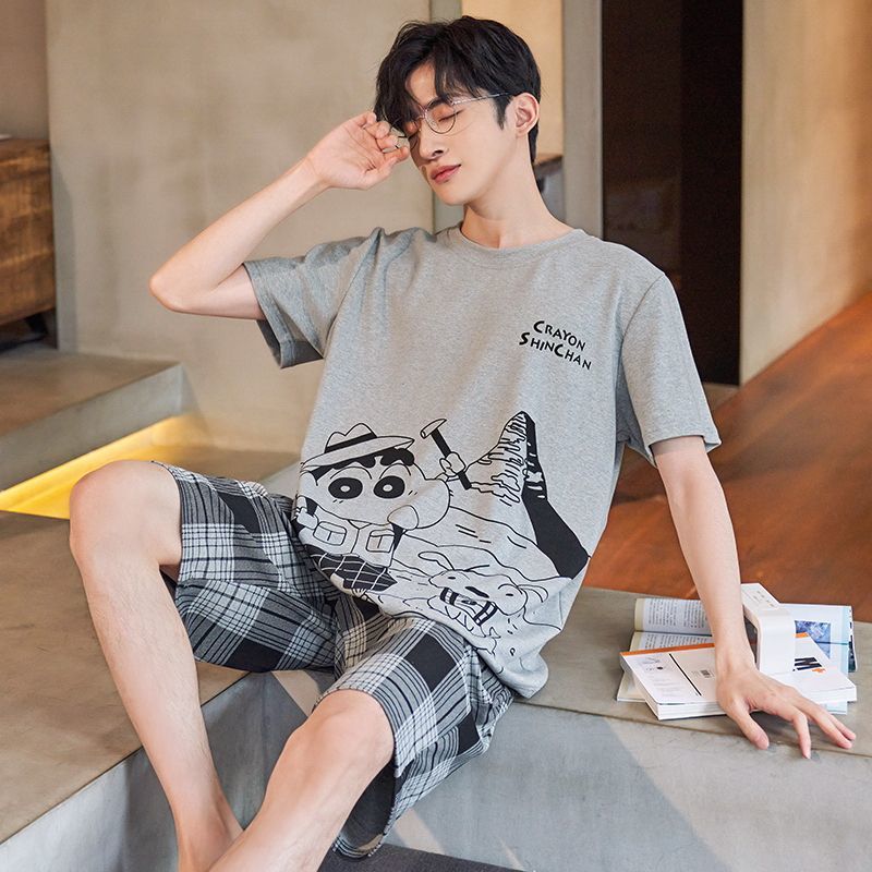 Men's Pajamas T-shirt Shorts Two Piece Set Casual Suit Male Loose Sleepwear Home Boy Clothes Nightwear