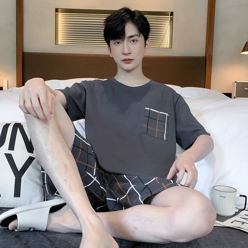 Men's Pajamas T-shirt Shorts Two Piece Set Casual Suit Male Loose Sleepwear Home Boy Clothes Nightwear