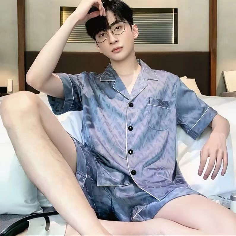 Men's new pajamas summer short sleeved shorts ice silk thin style summer silk loose home clothes 2-piece set