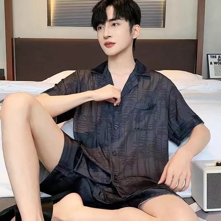 Men's new pajamas summer short sleeved shorts ice silk thin style summer silk loose home clothes 2-piece set